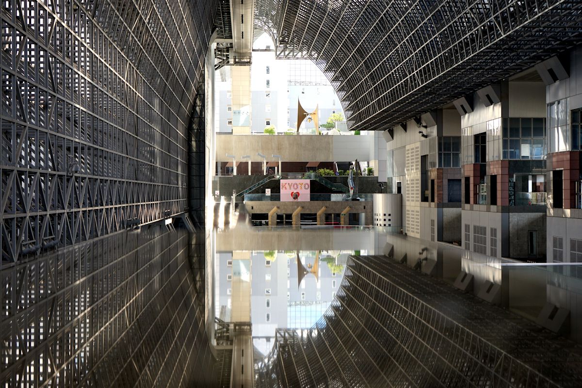 Der architektonisch schönste Bahnhof, den ich in Japan gesehen habe, ist in Kyoto! Hier mit Reflexionen im Eingangsbereich.