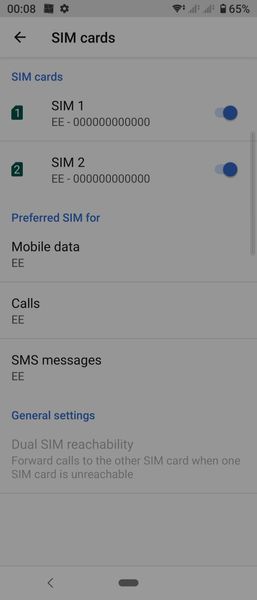 Screenshot from the Xperia 10 - no phone numbers but EE sims detected.